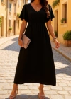 Kadın Kısa Kollu V Yakalı Beli Lastikli Uzun Viskon Elbise