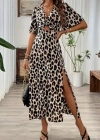 Kadın Kısa Kollu V Yakalı Beli Lastikli Yırtmaçlı Uzun Leopar Desenli Süprem Elbise