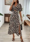 Kadın Kısa Kollu V Yakalı Beli Lastikli Yırtmaçlı Uzun Leopar Desenli Süprem Elbise