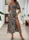 Kadın Kısa Kollu V Yakalı Beli Lastikli Yırtmaçlı Uzun Leopar Desenli Süprem Elbise