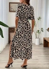 Kadın Kısa Kollu V Yakalı Beli Lastikli Yırtmaçlı Uzun Leopar Desenli Süprem Elbise
