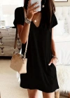 Kadın Kısa Kollu V Yakalı Cepli Kısa Viskon Elbise