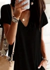 Kadın Kısa Kollu V Yakalı Cepli Kısa Viskon Elbise