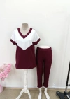 Kadın Kısa Kollu V Yakalı çift Renkli Viskon Iki Iplik Ikili Bluz Ve Pantolon Takım