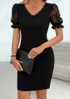 Kadın Kısa Kollu V Yakalı Dantel Detaylı Kısa Ithal Krep Elbise