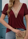 Kadın Kısa Kollu V Yakalı Dantel Detaylı Viskon Bluz
