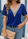 Kadın Kısa Kollu V Yakalı Dantel Detaylı Viskon Bluz