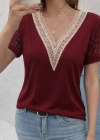 Kadın Kısa Kollu V Yakalı Dantel Detaylı Viskon Bluz