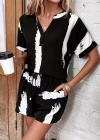 Kadın Kısa Kollu V Yakalı Desenli Bluz Ve Short Ikili Süprem Takım