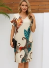 Kadın Kısa Kollu V Yakalı Desenli Mini Atlas Elbise