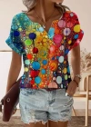 Kadın Kısa Kollu V Yakalı Desenli Süprem Bluz
