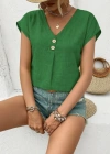 Kadın Kısa Kollu V Yakalı Düğmeli Keten Bluz