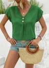 Kadın Kısa Kollu V Yakalı Düğmeli Keten Bluz