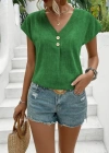 Kadın Kısa Kollu V Yakalı Düğmeli Keten Bluz