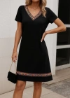 Kadın Kısa Kollu V Yakalı Etnik Desen şerit Detaylı Viskon Elbise