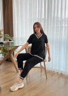 Kadın Kısa Kollu V Yakalı Iki Iplik Bluz Ve Pantolon Ikili Takım
