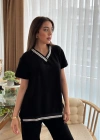 Kadın Kısa Kollu V Yakalı Iki Iplik Bluz Ve Pantolon Ikili Takım