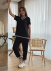 Kadın Kısa Kollu V Yakalı Iki Iplik Bluz Ve Pantolon Ikili Takım