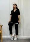 Kadın Kısa Kollu V Yakalı Iki Iplik Bluz Ve Pantolon Ikili Takım