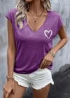 Kadın Kısa Kollu V Yakalı Kalp Baskılı Viskon Bluz