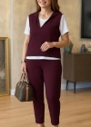 Kadın Kısa Kollu V Yakalı Kapşonlu Viskon Iki Iplik Bluz Ve Pantolon Takım