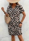 Kadın Kısa Kollu V Yakalı Leopar Desenli Atlas Kısa Elbise