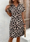 Kadın Kısa Kollu V Yakalı Leopar Desenli Atlas Kısa Elbise