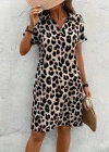 Kadın Kısa Kollu V Yakalı Leopar Desenli Atlas Kısa Elbise