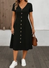Kadın Kısa Kollu V Yakalı önden Düğmeli A Kesim Dokuma Elbise