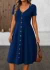 Kadın Kısa Kollu V Yakalı önden Düğmeli A Kesim Dokuma Elbise
