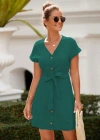 Kadın Kısa Kollu V Yakalı önden Düğmeli Belden Kuşaklı Cepli Sofya Elbise