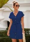 Kadın Kısa Kollu V Yakalı önden Düğmeli Belden Kuşaklı Cepli Sofya Elbise