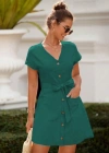 Kadın Kısa Kollu V Yakalı önden Düğmeli Belden Kuşaklı Cepli Sofya Elbise