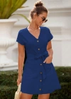 Kadın Kısa Kollu V Yakalı önden Düğmeli Belden Kuşaklı Cepli Sofya Elbise