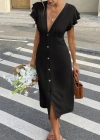Kadın Kısa Kollu V Yakalı önden Düğmeli Bürümcük Midi Elbise