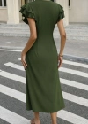 Kadın Kısa Kollu V Yakalı önden Düğmeli Bürümcük Midi Elbise