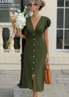 Kadın Kısa Kollu V Yakalı önden Düğmeli Bürümcük Midi Elbise