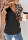 Kadın Kısa Kollu V Yakalı önden Düğmeli Leopar Desen Detaylı Viskon Bluz