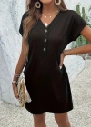 Kadın Kısa Kollu V Yakalı önden Düğmeli Viskon Iki Iplik Elbise