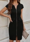 Kadın Kısa Kollu V Yakalı önden Fermuarlı Kısa Ithal Krep Elbise