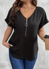 Kadın Kısa Kollu V Yakalı önden Fermuarlı Salaş Bluz