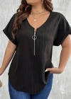 Kadın Kısa Kollu V Yakalı önden Fermuarlı Salaş Bluz