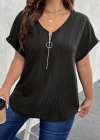 Kadın Kısa Kollu V Yakalı önden Fermuarlı Salaş Bluz