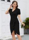 Kadın Kısa Kollu V Yakalı önden Fırfırlı Ithal Krep Elbise