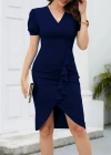 Kadın Kısa Kollu V Yakalı önden Fırfırlı Ithal Krep Elbise