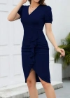 Kadın Kısa Kollu V Yakalı önden Fırfırlı Ithal Krep Elbise