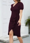 Kadın Kısa Kollu V Yakalı önden Fırfırlı Ithal Krep Elbise