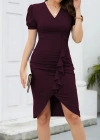 Kadın Kısa Kollu V Yakalı önden Fırfırlı Ithal Krep Elbise