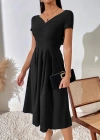 Kadın Kısa Kollu V Yakalı önden Pileli Janjan Krep Elbise