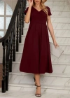 Kadın Kısa Kollu V Yakalı önden Pileli Midi Janjan Krep Elbise